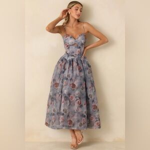 Bloom Service Grey Multi Floral Cutout Bodice Midi Dress
